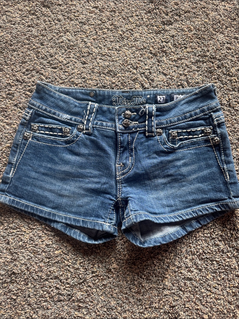 Miss Me size 27 Dark Blue Denim Embellished low rise Short Shorts